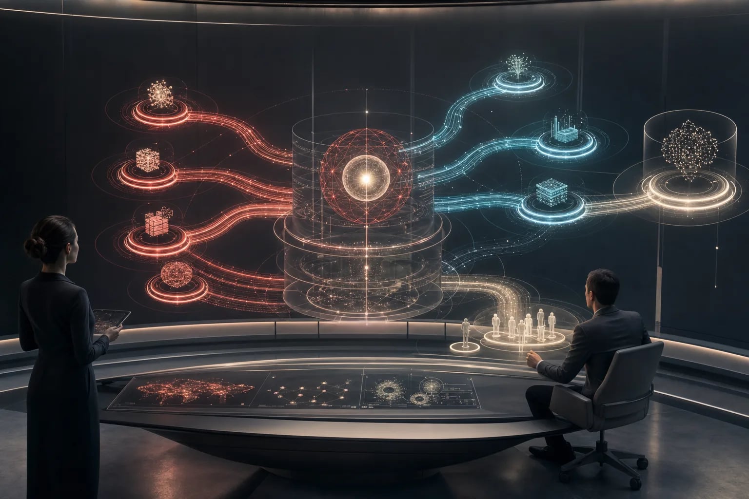 Enterprise leaders directing specialised AI agent pathways through a governed orchestration core.