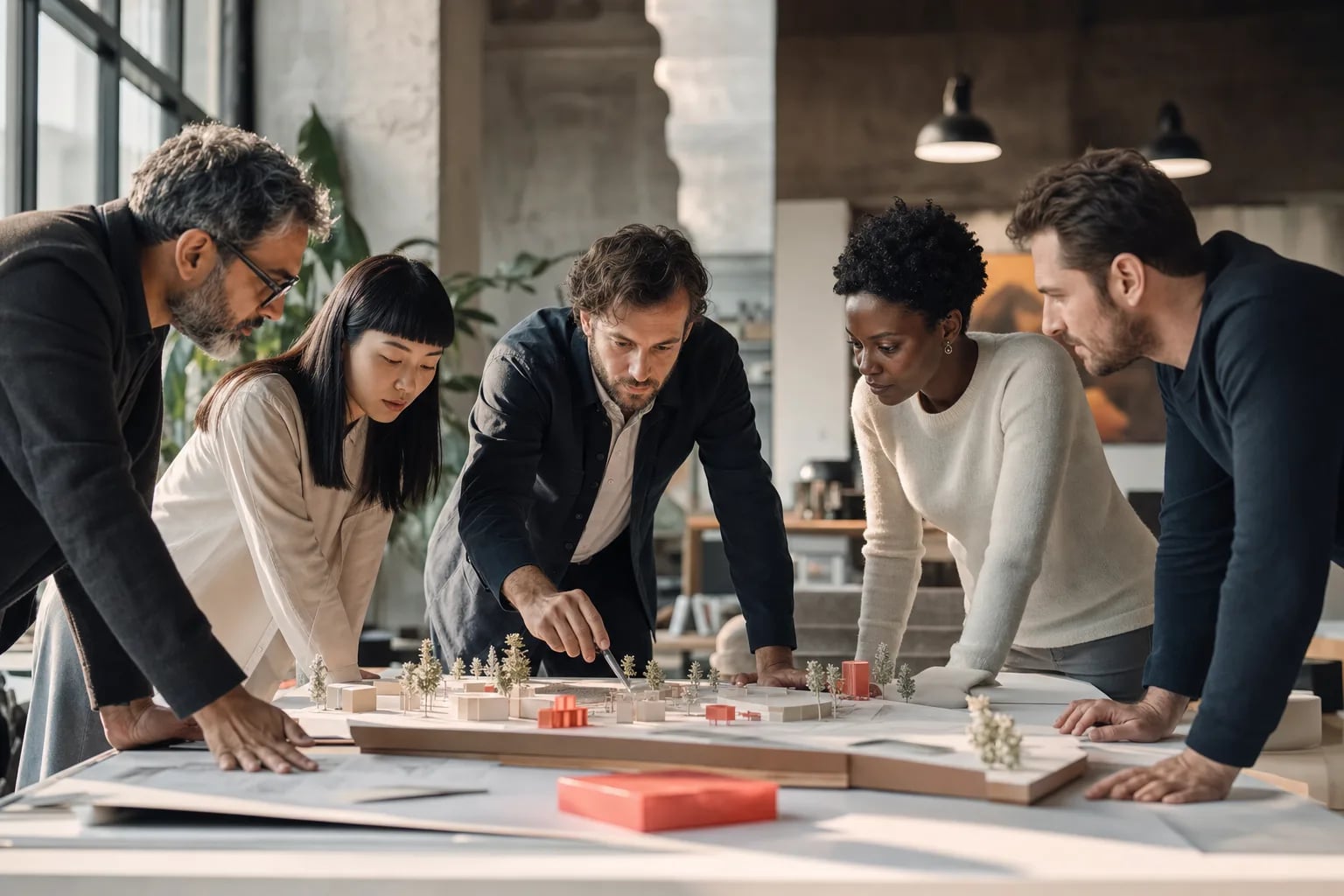 A diverse senior engineering and product team solving a delivery challenge together.