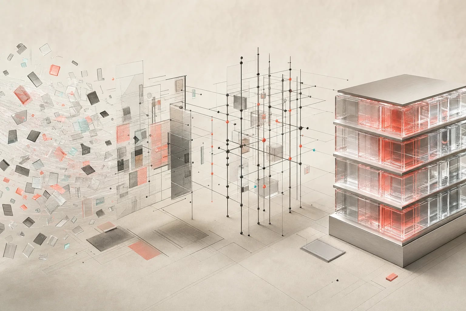Fragmented enterprise data being structured into a clean, trusted architectural foundation.